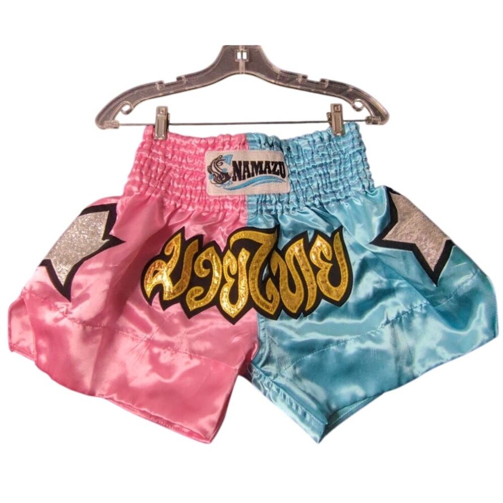 Namazu Muay Thai Shorts Satin Split Pink Blue Star Boxing Trunks Unisex XS